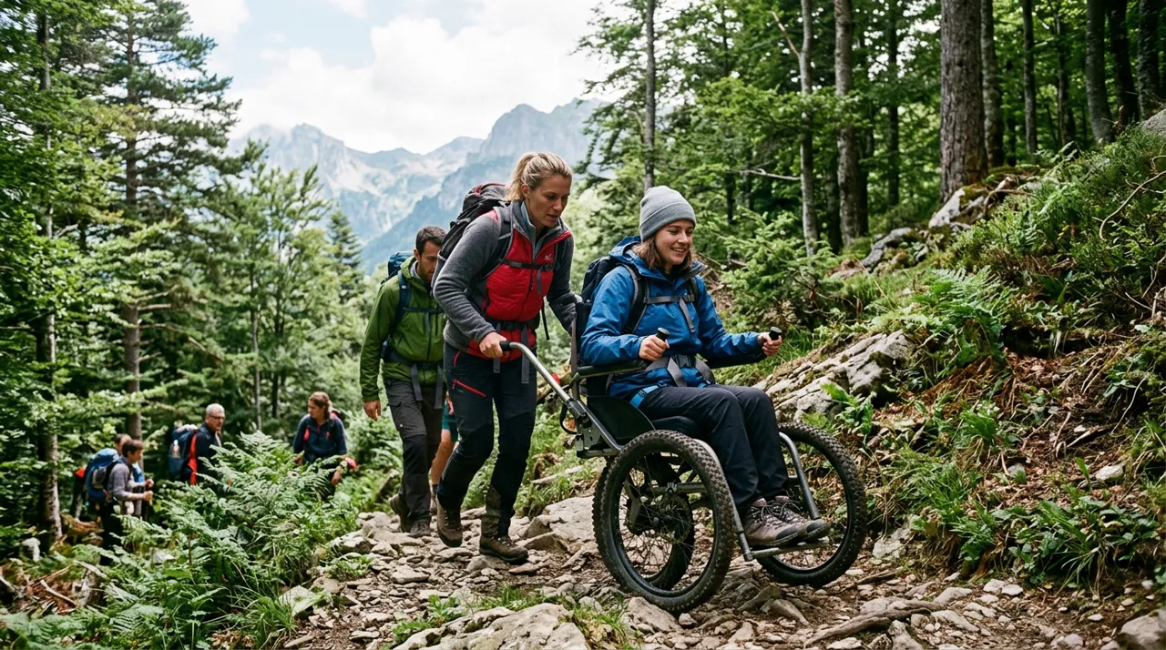 Progression en joëlette sur un sentier balisé d'Ariège